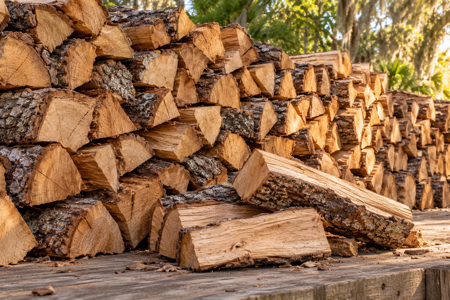Neatly stacked split firewood with natural wood grain and bark